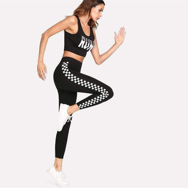 Planet Gates Black / XS Sport Black Checkered Sideseam Yoga Women Leggings Active Trousers 2018 New Female Fitness Pants Running Sport Gym Tights