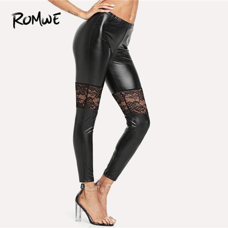 Planet Gates Black / XS Sport Women Black Floral Lace Insert PU Leather Fitness Yoga Pants 2018 Gym Stretchy Jogging Athletic Yoga Leggings