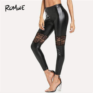 Planet Gates Black / XS Sport Women Black Floral Lace Insert PU Leather Fitness Yoga Pants 2018 Gym Stretchy Jogging Athletic Yoga Leggings