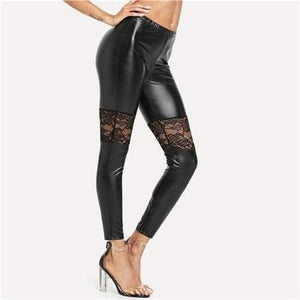 Planet Gates Black / XS Sport Women Black Floral Lace Insert PU Leather Fitness Yoga Pants 2018 Gym Stretchy Jogging Athletic Yoga Leggings