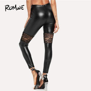 Planet Gates Black / XS Sport Women Black Floral Lace Insert PU Leather Fitness Yoga Pants 2018 Gym Stretchy Jogging Athletic Yoga Leggings