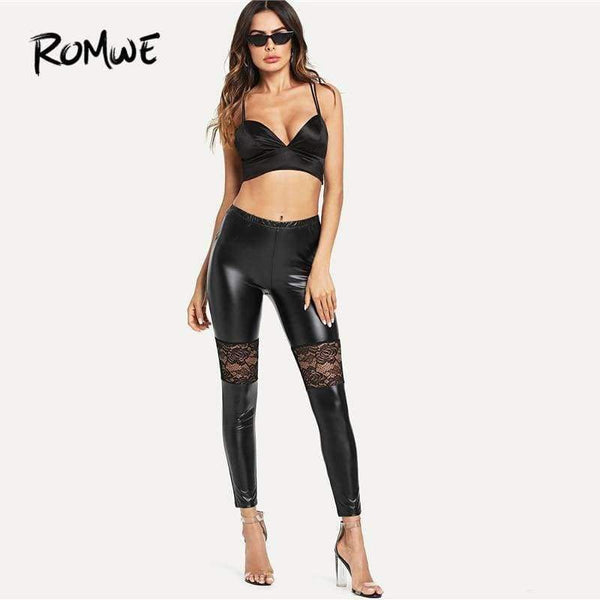 Planet Gates Black / XS Sport Women Black Floral Lace Insert PU Leather Fitness Yoga Pants 2018 Gym Stretchy Jogging Athletic Yoga Leggings