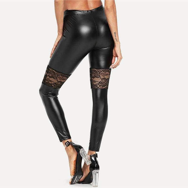 Planet Gates Black / XS Sport Women Black Floral Lace Insert PU Leather Fitness Yoga Pants 2018 Gym Stretchy Jogging Athletic Yoga Leggings