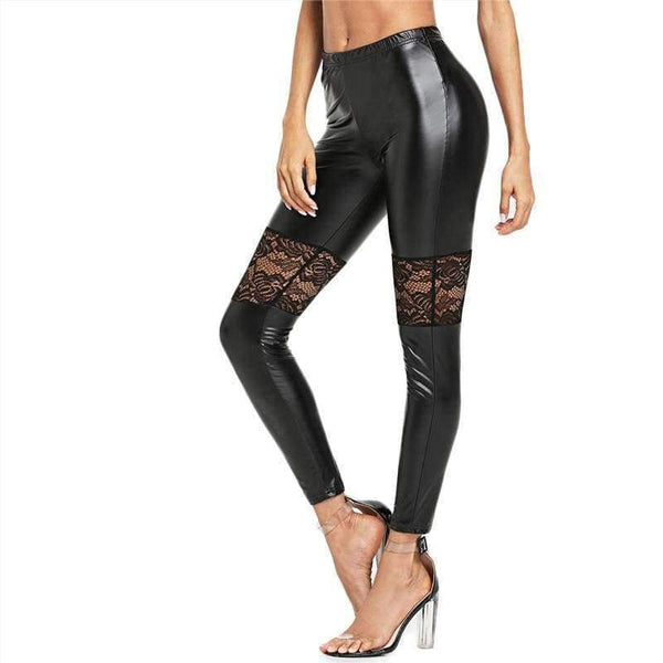 Planet Gates Black / XS Sport Women Black Floral Lace Insert PU Leather Fitness Yoga Pants 2018 Gym Stretchy Jogging Athletic Yoga Leggings