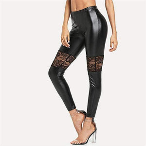 Planet Gates Black / XS Sport Women Black Floral Lace Insert PU Leather Fitness Yoga Pants 2018 Gym Stretchy Jogging Athletic Yoga Leggings