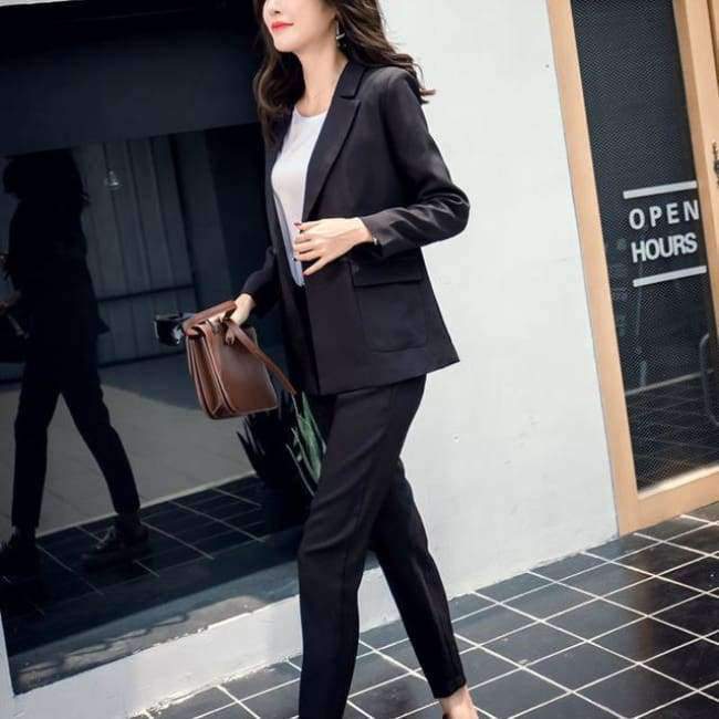 Planet Gates grey / XS Women 2 Two Piece Sets Short Gray Solid Blazer + High Waist Pant Office Lady Notched Jacket Pant Suits Korean Outfits Femme