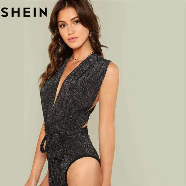 Planet Gates Black / XS Women Sexy Deep V Neck Sleeveless Polka Dot Skinny Bodysuits 2018 Summer High Waist Stretchy Cut Out Front Halter Bodysuit