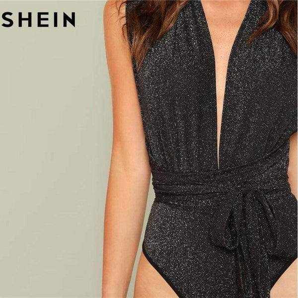 Planet Gates Black / XS Women Sexy Deep V Neck Sleeveless Polka Dot Skinny Bodysuits 2018 Summer High Waist Stretchy Cut Out Front Halter Bodysuit