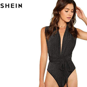 Planet Gates Black / XS Women Sexy Deep V Neck Sleeveless Polka Dot Skinny Bodysuits 2018 Summer High Waist Stretchy Cut Out Front Halter Bodysuit