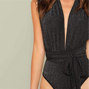 Planet Gates Black / XS Women Sexy Deep V Neck Sleeveless Polka Dot Skinny Bodysuits 2018 Summer High Waist Stretchy Cut Out Front Halter Bodysuit