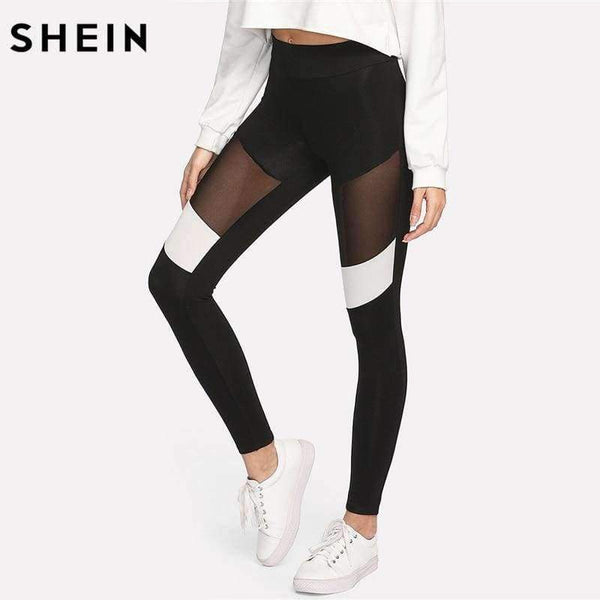 Planet Gates Black / XS Women Workout Leggings Black Fitness Womens Clothing Contrast Mesh Color Block Two Tone Mesh Insert Leggings