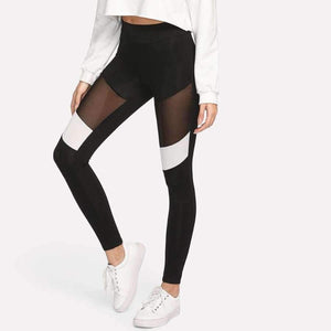 Planet Gates Black / XS Women Workout Leggings Black Fitness Womens Clothing Contrast Mesh Color Block Two Tone Mesh Insert Leggings