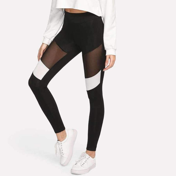 Planet Gates Black / XS Women Workout Leggings Black Fitness Womens Clothing Contrast Mesh Color Block Two Tone Mesh Insert Leggings