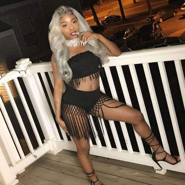 Planet Gates Black / XXL Plus Size Nightclub Two Piece Sexy Party Dresses Women 2018 New Strapless Bodycon Bandage Summer Dress Elegant Tassel Mini Dress