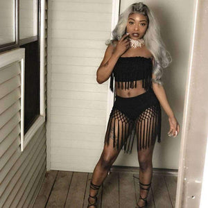 Planet Gates Black / XXL Plus Size Nightclub Two Piece Sexy Party Dresses Women 2018 New Strapless Bodycon Bandage Summer Dress Elegant Tassel Mini Dress