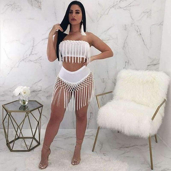 Planet Gates Black / XXL Plus Size Nightclub Two Piece Sexy Party Dresses Women 2018 New Strapless Bodycon Bandage Summer Dress Elegant Tassel Mini Dress