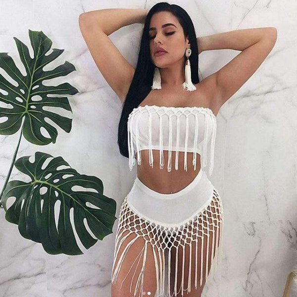 Planet Gates Black / XXL Plus Size Nightclub Two Piece Sexy Party Dresses Women 2018 New Strapless Bodycon Bandage Summer Dress Elegant Tassel Mini Dress