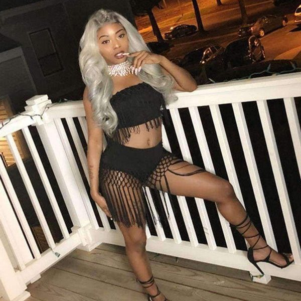 Planet Gates Black / XXL Plus Size Nightclub Two Piece Sexy Party Dresses Women 2018 New Strapless Bodycon Bandage Summer Dress Elegant Tassel Mini Dress