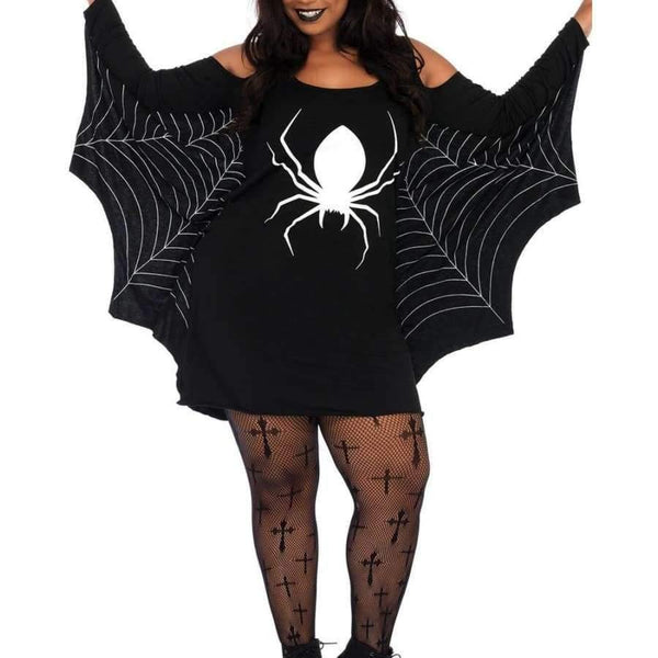 Planet Gates Black / XXL Women XXXL Plus Size Halloween Costume Spider Webbing Print Off Shoulder Wings Sexy Fancy Holiday Dress Big Size Adult Costume