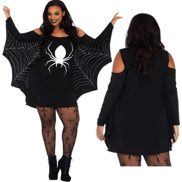 Planet Gates Black / XXL Women XXXL Plus Size Halloween Costume Spider Webbing Print Off Shoulder Wings Sexy Fancy Holiday Dress Big Size Adult Costume