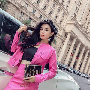 Planet Gates black / XXXL New Women Two Piece Set Female  Autumn Solid Jacket Top+Mini Skirt Faux Leather Suits Ladies Long Sleeve Outfit
