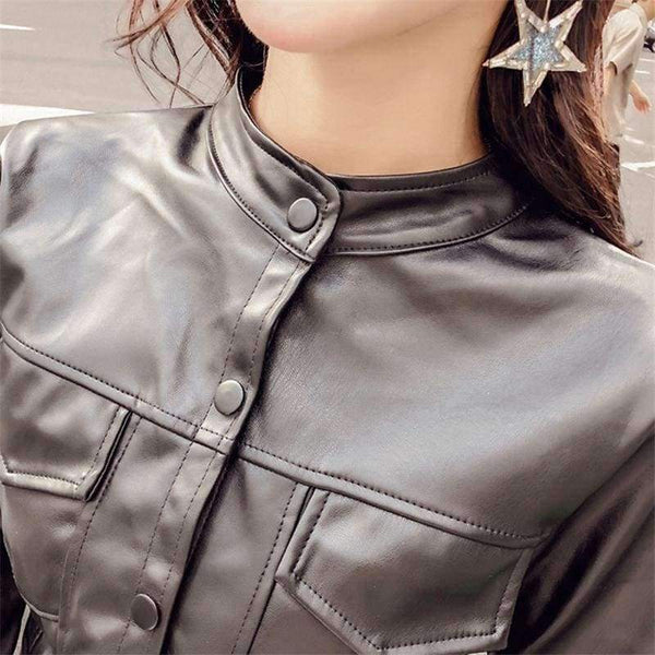 Planet Gates black / XXXL New Women Two Piece Set Female  Autumn Solid Jacket Top+Mini Skirt Faux Leather Suits Ladies Long Sleeve Outfit