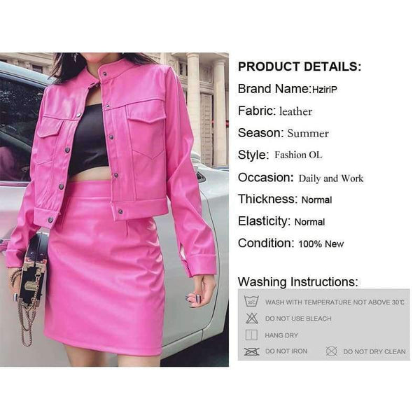 Planet Gates black / XXXL New Women Two Piece Set Female  Autumn Solid Jacket Top+Mini Skirt Faux Leather Suits Ladies Long Sleeve Outfit