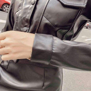 New Women Two Piece Set Female Autumn Solid Jacket Top+Mini Skirt Faux Leather Suits Ladies Long Sleeve Outfit