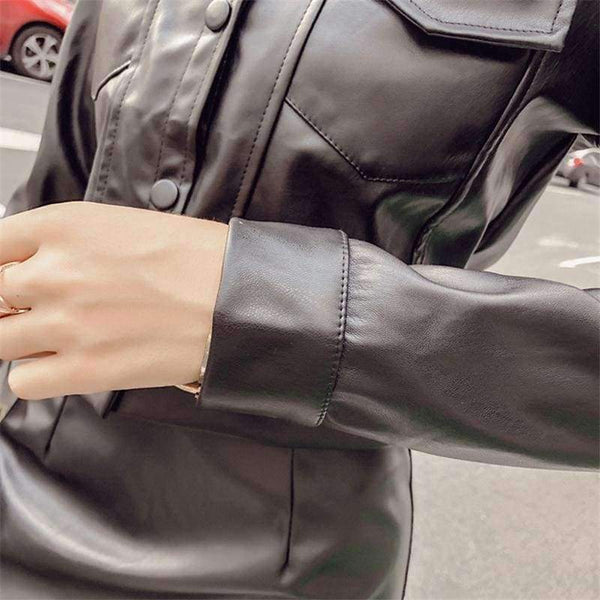 New Women Two Piece Set Female Autumn Solid Jacket Top+Mini Skirt Faux Leather Suits Ladies Long Sleeve Outfit