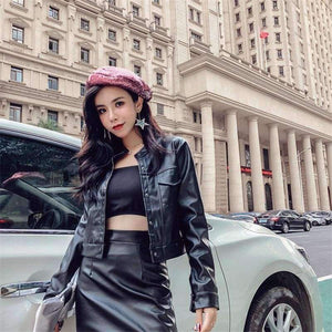 Planet Gates black / XXXL New Women Two Piece Set Female  Autumn Solid Jacket Top+Mini Skirt Faux Leather Suits Ladies Long Sleeve Outfit