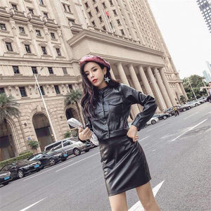 Planet Gates black / XXXL New Women Two Piece Set Female  Autumn Solid Jacket Top+Mini Skirt Faux Leather Suits Ladies Long Sleeve Outfit