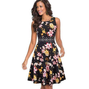 Planet Gates Černé žluté květinové / L Nice-forever Vintage Elegantní výšivka Květinové krajkové patchworkové šaty A-Line Pinup Business Women Party Flare Swing šaty A079