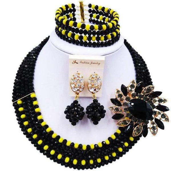 Planet Gates Black Yellow Wine Gold AB Crystal Nigerian Necklace African Beads Wedding Jewelry Sets for Women C5RST003