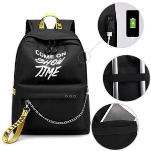 Planet Gates black yellow Winmax Luminous USB Badge Women Backpack Fashion Letters Print School Bag Girls Teenager Chain Backpack Bolsa Mochilas Sac A Dos