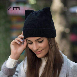 Planet Gates black YIFEI Cute Kitty Beanie Hat For Women Girl Winter Real Wool Cat's Ear Cap Skullies Gorras Solid Women Autumn Winter Knitted Hat