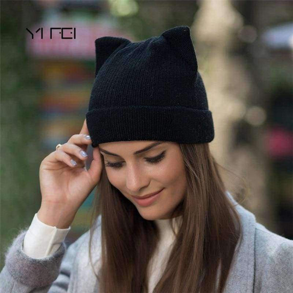 Planet Gates black YIFEI Cute Kitty Beanie Hat For Women Girl Winter Real Wool Cat's Ear Cap Skullies Gorras Solid Women Autumn Winter Knitted Hat