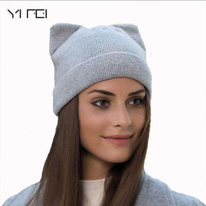 Planet Gates black YIFEI Cute Kitty Beanie Hat For Women Girl Winter Real Wool Cat's Ear Cap Skullies Gorras Solid Women Autumn Winter Knitted Hat