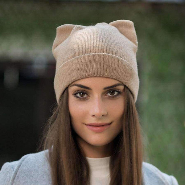 Planet Gates black YIFEI Cute Kitty Beanie Hat For Women Girl Winter Real Wool Cat's Ear Cap Skullies Gorras Solid Women Autumn Winter Knitted Hat
