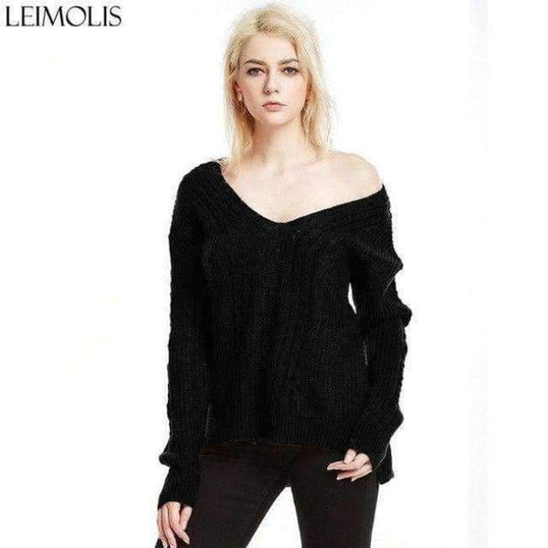Planet Gates black ZJ015 / S Autumn Knitted Sexy Off Shoulder Sweater Women Gray Harajuku Streetwear Pullover V Neck Casual Jumper Winter Clothes