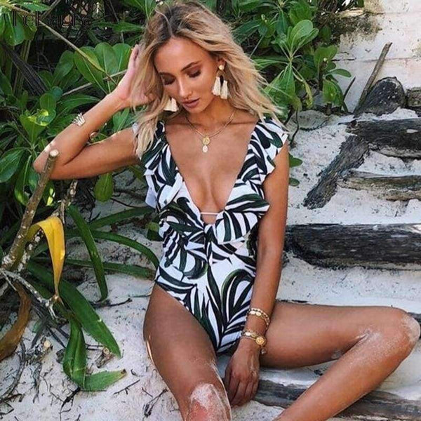 Planet Gates Blackleaf / S Sexy Ruffle One Piece Swimsuit Women Swimwear Push Up Monokini Bodysuit Print Swim Suit Backless Bathing Suit Beach Wear