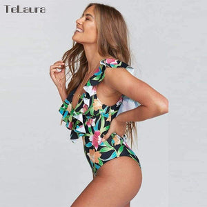 Planet Gates Blackleaf / S Sexy Ruffle One Piece Swimsuit Women Swimwear Push Up Monokini Bodysuit Print Swim Suit Backless Bathing Suit Beach Wear