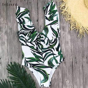 Planet Gates Blackleaf / S Sexy Ruffle One Piece Swimsuit Women Swimwear Push Up Monokini Bodysuit Print Swim Suit Backless Bathing Suit Beach Wear