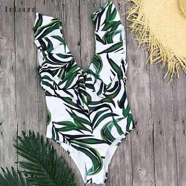 Planet Gates Blackleaf / S Sexy Ruffle One Piece Swimsuit Women Swimwear Push Up Monokini Bodysuit Print Swim Suit Backless Bathing Suit Beach Wear