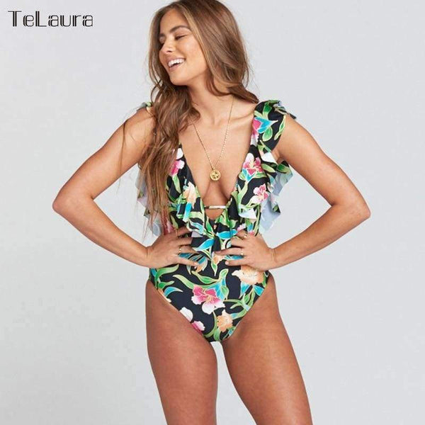Planet Gates Blackleaf / S Sexy Ruffle One Piece Swimsuit Women Swimwear Push Up Monokini Bodysuit Print Swim Suit Backless Bathing Suit Beach Wear