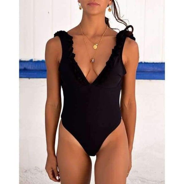 Planet Gates Blacksolid / S Sexy Ruffle One Piece Swimsuit Women Swimwear Push Up Monokini Bodysuit Print Swim Suit Backless Bathing Suit Beach Wear