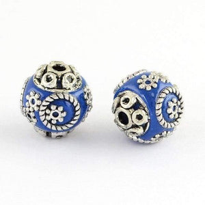 Planet Gates Blue 10pcs Round Handmade Indonesia Beads for DIY jewelry making with Alloy Cores, Antique Silver,15x14mm,Hole: 2mm F70