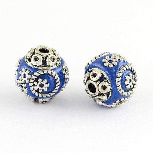 Planet Gates Blue 10pcs Round Handmade Indonesia Beads for DIY jewelry making with Alloy Cores, Antique Silver,15x14mm,Hole: 2mm F70