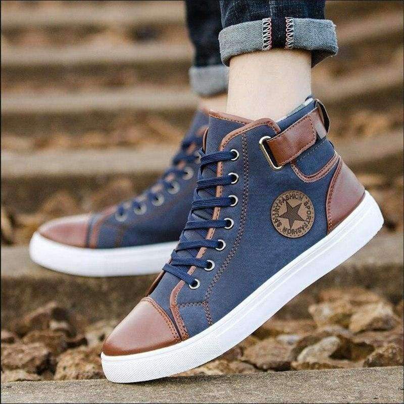 Planet Gates Blue / 11 QIUBOSS Men's Vulcanize Shoes Lace-up Men Casual Shoes Fashion High Top Men Retro Breathable Comfortable Men's Flat Shoes Q408
