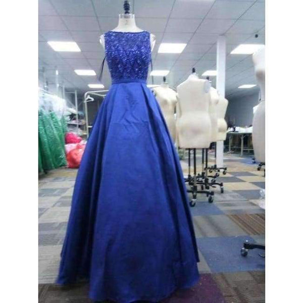 Planet Gates blue / 2 Beaded Evening Dresses Long Elegant O Neck Sexy Backless Satin Vestido Longo In Stock Floor Length Prom Gowns CC443