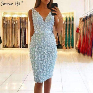 Planet Gates blue / 2 Blue Flowers Pearls Sexy Cocktail Dresses 2018 V-Neck Fashion Sexy Knee-Length Cocktail Party Dress BLA6617